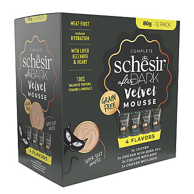 Schesir After Dark Tavuk&Bıldırcın Yumurtası&Sığır&Ördek Et Suyunda Mus Yetişkin Kedi Pouch Çeşit Paketi 12x80g