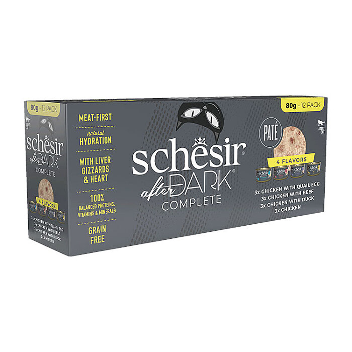 Schesir After Dark Tavuk & Bıldırcın Yumurtası & Sığır & Ördek Et Suyunda Paté Yetişkin Kedi Konservesi Çeşit Paketi 12 x 80 g - 1