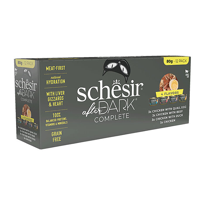 Schesir After Dark Tavuk&Bıldırcın Yumurtası&Sığır&Ördek Et Suyunda Yetişkin Kedi Konservesi Çeşit Paketi 12x80g - 1