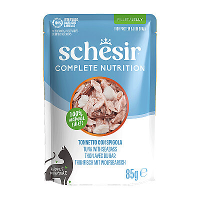 Schesir Jelly Ton Balıklı ve Levrekli Jöle İçinde Yetişkin Kedi Pouch 85g