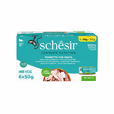 Schesir Tam ve Dengeli Ton Balığı ile Çipuralı Jöle İçinde Kedi Konservesi Multipack 6x50g