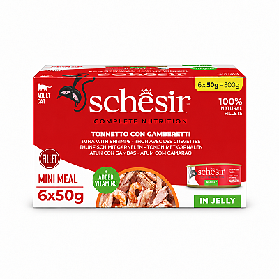 Schesir Tam ve Dengeli Ton Balığı ile Karidesli Jöle İçinde Kedi Konservesi Multipack 6x50g