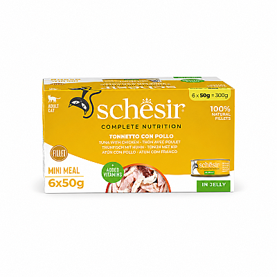 Schesir Tam ve Dengeli Ton Balığı ile Tavuklu Jöle İçinde Kedi Konservesi Multipack 6x50g