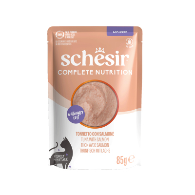 Schesir Tam ve Dengeli Ton Balıklı ve Somonlu Mus Kedi Pouch 85 g
